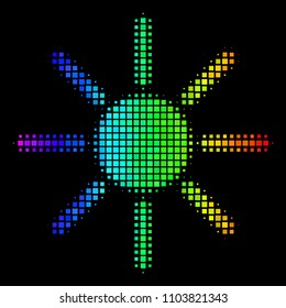 Dot colorful halftone sun icon using rainbow color tints with horizontal gradient on a black background. Colorful vector collage of sun illustration organized with rectangular cells.