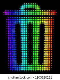 Dot colorful halftone trash bin icon using spectrum color shades with horizontal gradient on a black background. Bright vector pattern of trash bin illustration designed with rectangular particles.