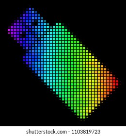 Dot colorful halftone USB flash drive icon in spectral color tones with horizontal gradient on a black background. Multicolored vector collage of USB flash drive symbol created of square cells.