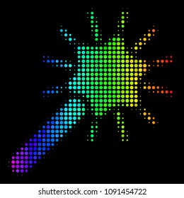 Dot colorful halftone wand magic tool icon using rainbow color tinges with horizontal gradient on a black background.