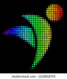 Dot colorful halftone winged man icon in spectral color variations with horizontal gradient on a black background. Bright vector pattern of winged man pictogram composed with rectangular matrix cells.