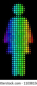 Dot colorful halftone woman person icon in spectral color hues with horizontal gradient on a black background. Colorful vector collage of woman person illustration shaped with square points.