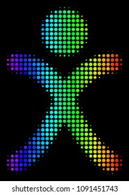 Dot colorful halftone x generation boy icon in spectral color shades with horizontal gradient on a black background.