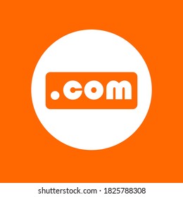  Dot com sign icon. In white circle on a orange background.