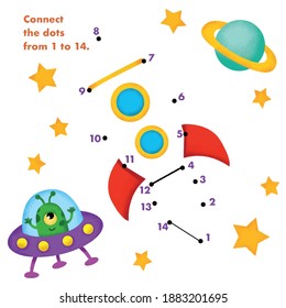 Dot to Dot. Connect dots from 1 to 14. Puzzle game for kids. Maths and numbers. Rocket in space. Vector illustration.