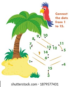 Dot to Dot. Connect dots from 1 to 15. Game for kids. Parrot and chest. Vector illustration. 