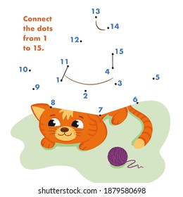 Gato y Sombrero. Punto a punto. Conecte los puntos de 1 a 15. Juego para niños. Ilustración vectorial. 
