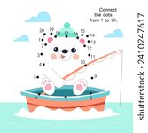Dot to dot. Connect the dots from 1 to 20. Puzzle game for children. Cute bear in boat. Vector illustration.