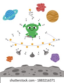 Dot to Dot. Connect dots from 1 to 20. Game for kids. Space and flying saucer. Vector illustration.