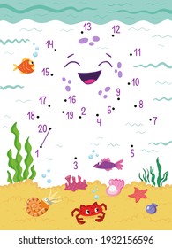 Dot To Dot. Connect Dots From 1 To 20. Game For Kids. Cute Octopus Under Water. Vector Illustration.