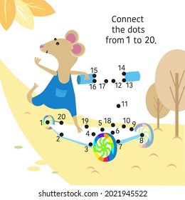 Dot to dot. Connect dots from 1 to 20. Game for children. Mouse on scooter. Vector illustration.