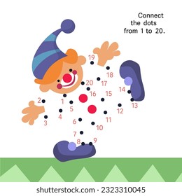 Dot to Dot. Connect dots from 1 to 20. Game for kids. Cute coloured funny toy clown with red nose and boots. Vector illustration.