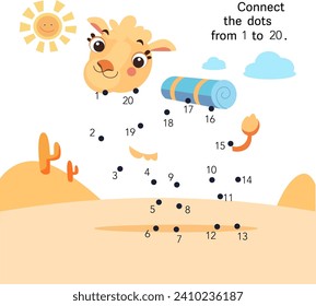 Dot to dot. Connect the dots from 1 to 20. Puzzle game for children. Cute camel in desert. Vector illustration.