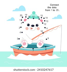 Dot to dot. Connect the dots from 1 to 20. Puzzle game for children. Cute bear in boat. Vector illustration.