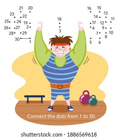 Dot to Dot. Connect dots from 1 to 30. Game for kids. Weightlifter, athlete. Vector illustration.