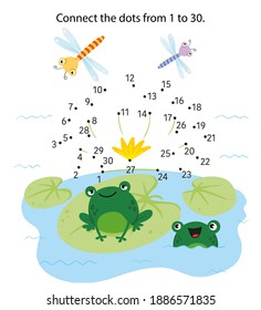Dot to Dot. Connect dots from 1 to 30. Game for kids. Water lily, pond. Vector illustration.