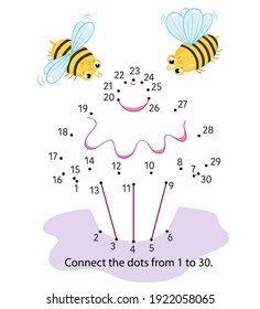 Dot to Dot. Connect dots from 1 to 30. Game for kids. Cupcake, bees. Vector illustration.