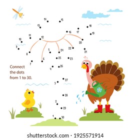 Dot to Dot. Connect dots from 1 to 30. Game for kids. Huge flower and turkey. Maths and numbers. Vector illustration.