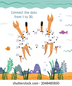 Dot to Dot. Connect the dots from 1 to 30. Game for kids. Funny cute crab. Vector illustration.