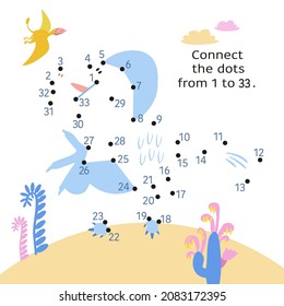 Dot to Dot. Connect dots from 1 to 33. Game for kids. Cute Dino in jurassic park. Vector illustration.