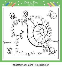 Dot to dot connect drawing.  Вrawing tutorial. Kids game. Worksheet with cute snail. Coloring page for kids. Children art page. Drawing lesson. Vector illustration.