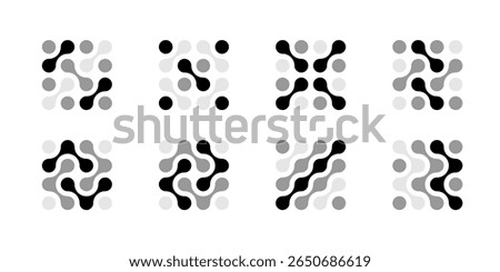 Dot connect icon, modern abstract science logo. Vector merged circles pattern and molecular structure. Blob shapes link into fluid forms, energy movement and nano tech net. Liquid medical drops design