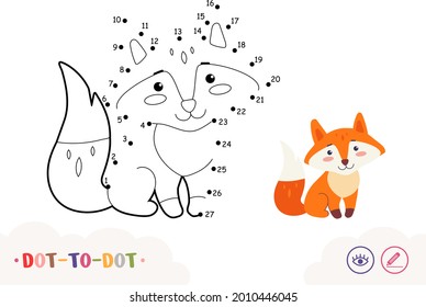 Dot to dot connect the numbers and color quiz learning children game with simple contour illustration of a fox for the youngest children.