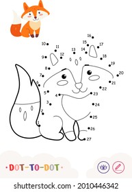 Dot to dot connect the numbers and color quiz learning children game with simple contour illustration of a fox for the youngest children. Fun and learning of wild animals.