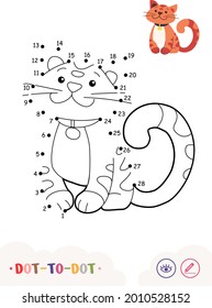 Dot to dot connect the numbers and color quiz learning children game with simple contour illustration of a striped cat for the youngest children. Fun and learning of pets.