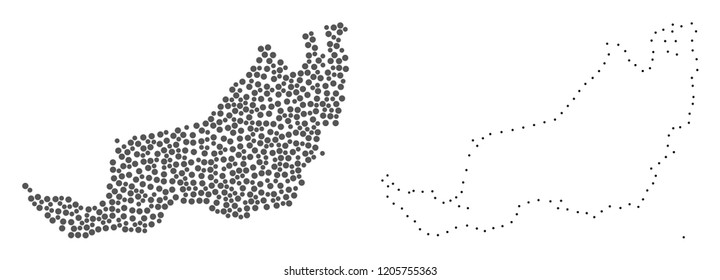 Dot and Contour map of Malaysian Sarawak formed with dots. Vector grey abstraction of map of Malaysian Sarawak. Connect the dots educational geographic drawing for map of Malaysian Sarawak.