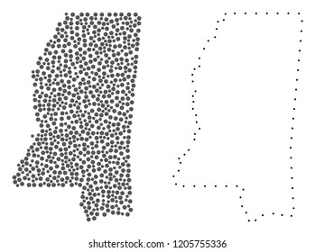 Dot and Contour map of Mississippi State formed with dots. Vector gray abstraction of map of Mississippi State. Connect the dots educational geographic drawing for map of Mississippi State.