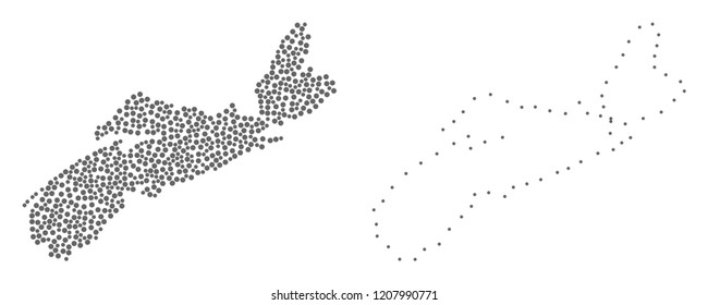 Dot and Contour map of Nova Scotia Province created with dots. Vector gray abstraction of map of Nova Scotia Province. Connect the dots educational geographic drawing for map of Nova Scotia Province.