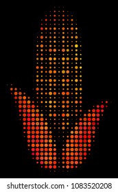 Dot corn icon. Bright pictogram in hot color tints on a black background. Vector halftone collage of corn icon done from spheric points.