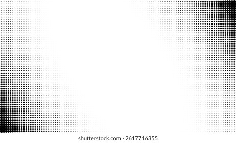 Dot corner background pattern with half tone halftone white gradient. Vector frame art in pop abstract border texture with circles. Mesh graphic screen with fade curve and modern wave vignette.