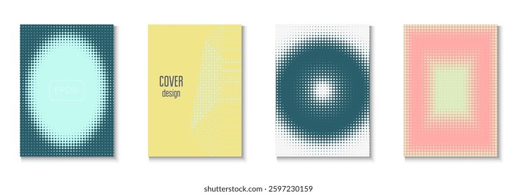 Dot Cover Set. Modern Shapes In Tech Layout. Linear Shapes In Annual Frame. Halftone Flyer. Minimalist Line Template. Geometric Abstract Texture. Trendy Dot Cover