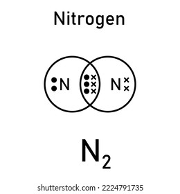Dot and cross diagrams for simple covalent molecules of nitrogen (N2). Molecular formula. Lewis structure. Scientific vector illustration isolated on white background.