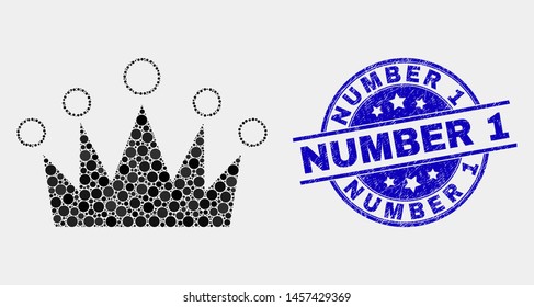 Dot crown mosaic pictogram and Number 1 seal stamp. Blue vector rounded textured seal with Number 1 text. Vector collage in flat style. Black isolated crown mosaic of scattered circles,