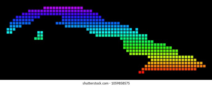 A dot Cuba Map. Vector geographic map in bright spectrum colors on a black background. Multicolored vector abstract collage of Cuba Map constructed of square dots.
