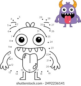 Dot to Dot Cute Monster Coloring Page. Halloween Worksheet for Kids