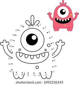 Dot to Dot Cute Monster Coloring Page. Halloween Worksheet for Kids