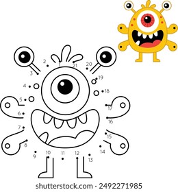 Dot to Dot Cute Monster Färbung Seite. Halloween-Arbeitsblatt für Kinder