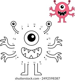 Dot to Dot Cute Monster Coloring Page. Halloween Worksheet for Kids