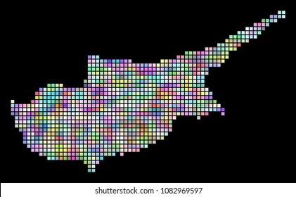Dot Cyprus map. Vector geographic map in smoothed variable colors on a black background. Vector collage of Cyprus map made with regular square particles.