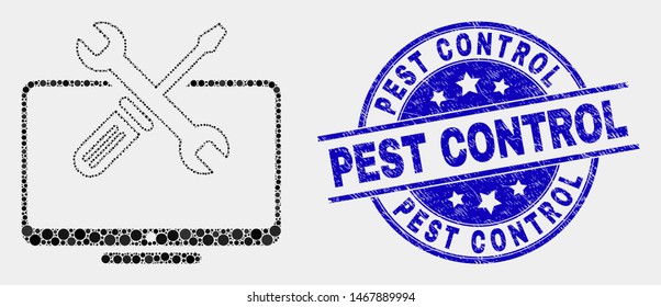 Dot desktop tools mosaic icon and Pest Control seal. Blue vector round grunge seal stamp with Pest Control phrase. Vector collage in flat style.