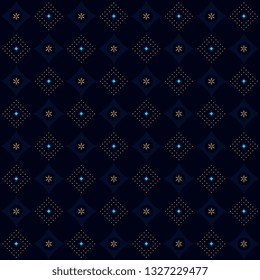 Dot dimond design simple geometric floral pattern. Shiny effect on a navy blue background. Small squares all over patchwork motif for fabric cloth, interior wallpaper, textile accessories, menswear.