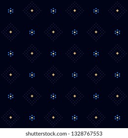 Dot dimond design simple geometric floral pattern. Shiny effect on a navy blue background. Small squares all over patchwork motif for fabric cloth, interior wallpaper, textile accessories, swimwear.