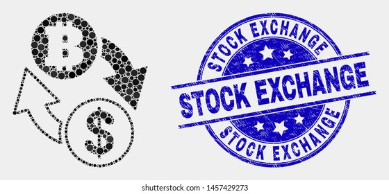 Dot dollar bitcoin exchange mosaic icon and Stock Exchange seal stamp. Blue vector rounded textured seal stamp with Stock Exchange phrase. Vector combination in flat style.