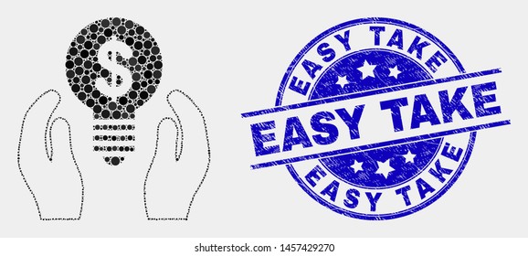 Dot dollar bulb care hands mosaic icon and Easy Take stamp. Blue vector round textured seal stamp with Easy Take text. Vector composition in flat style.