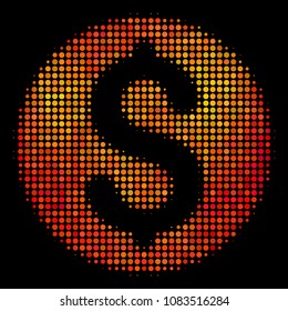 Dot dollar coin icon. Bright pictogram in fire color variations on a black background. Vector halftone pattern of dollar coin symbol formed from circle items.