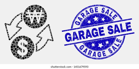 Dot dollar exchange korean won mosaic pictogram and Garage Sale seal stamp. Blue vector rounded scratched seal stamp with Garage Sale text. Vector combination in flat style.
